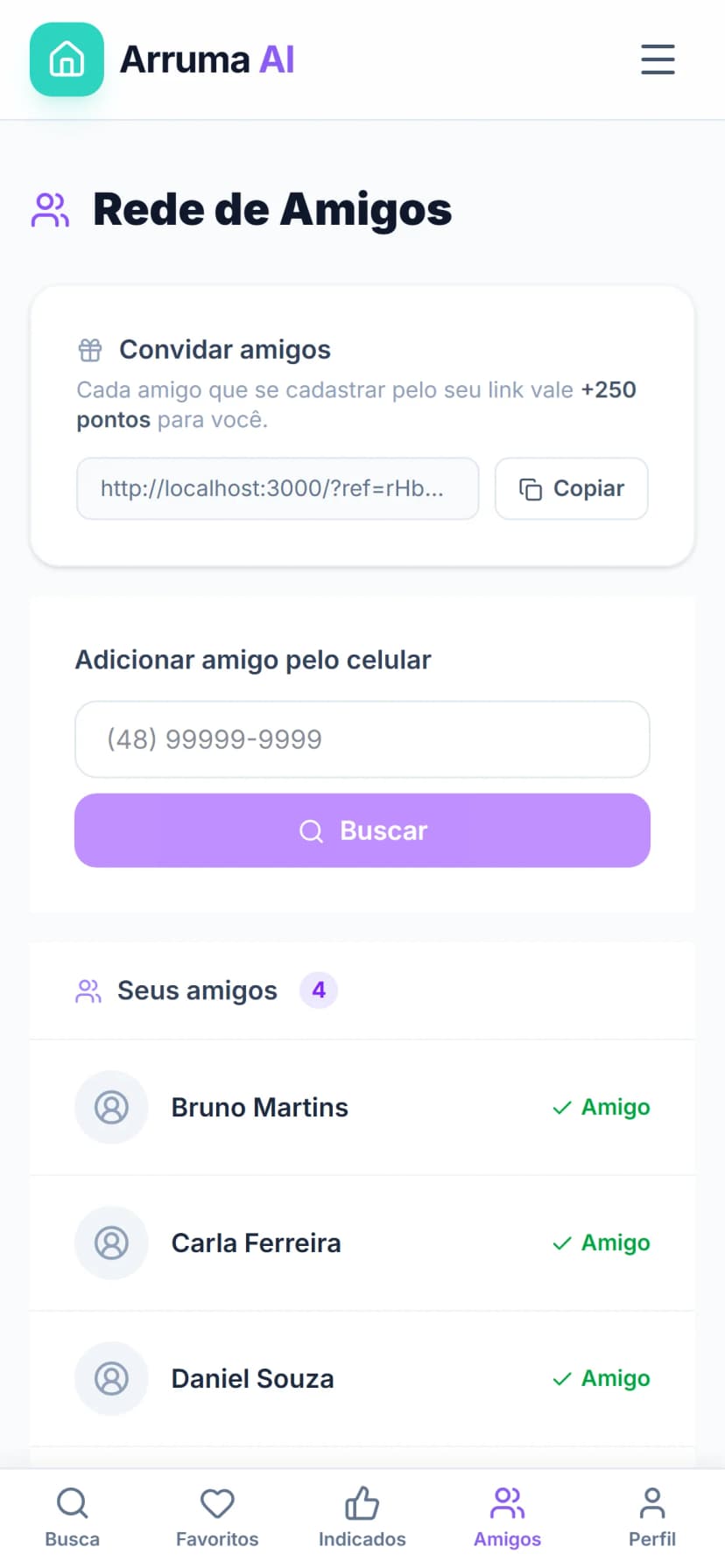 Página de rede de amigos com link de convite e lista de amigos