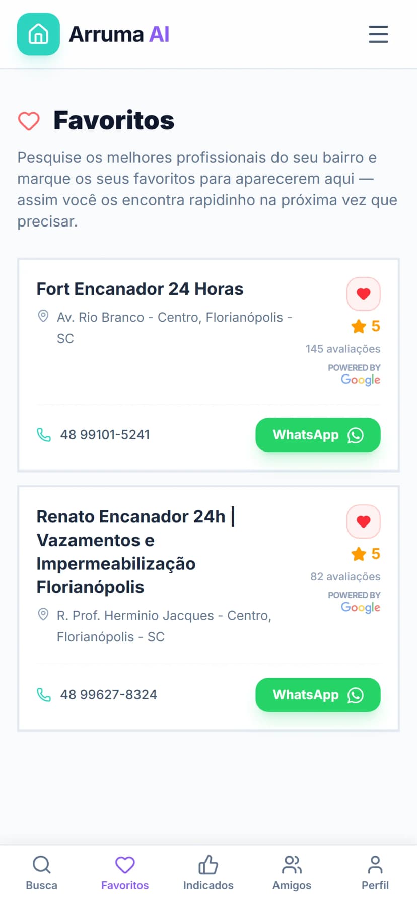 Página de favoritos com lista de prestadores guardados pelo usuário