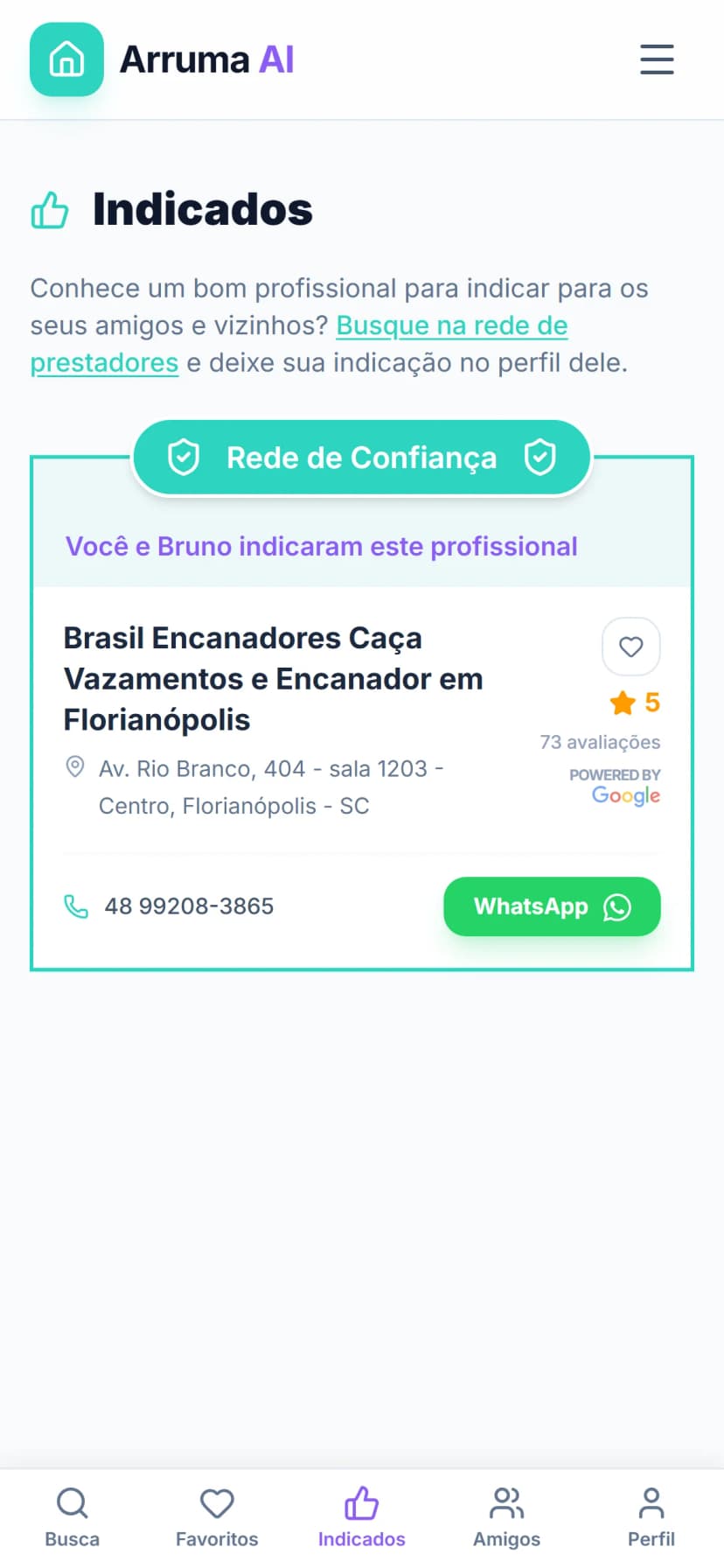 Página de indicados mostrando os prestadores avaliados pelo usuário