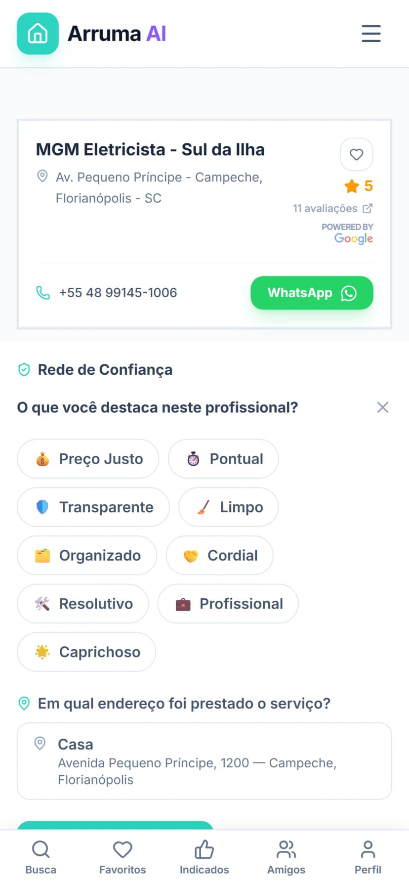 Formulário de indicação com seleção de tags de qualidade do atendimento recebido