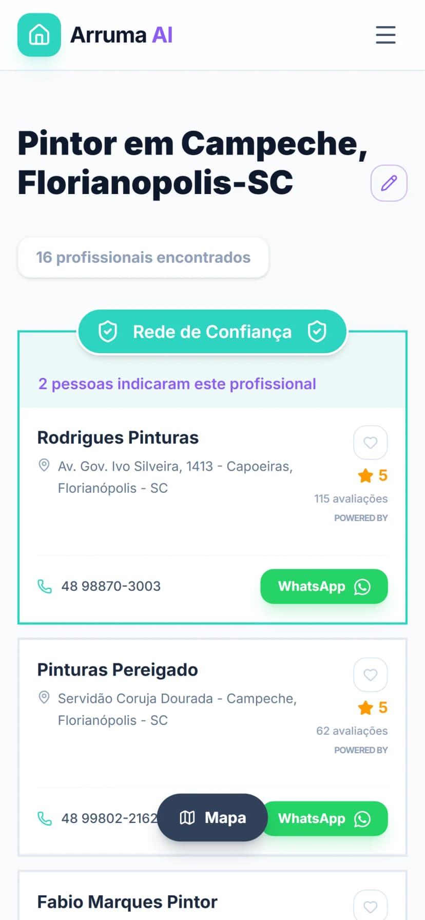 Lista de resultados com cards de prestadores, avaliações e indicações da comunidade