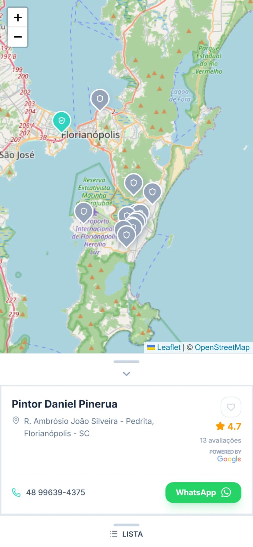 Mapa interativo com pins dos prestadores próximos ao endereço pesquisado