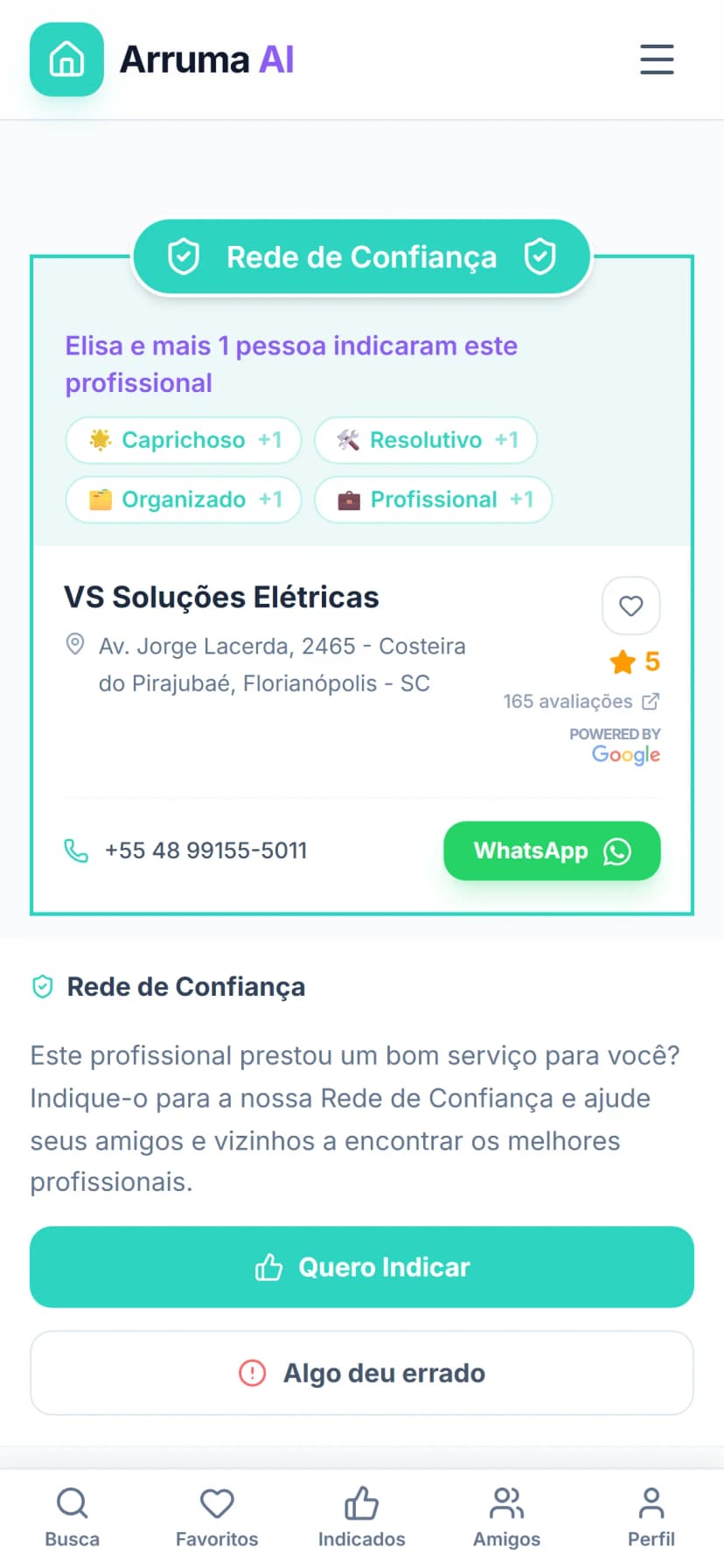 Perfil de prestador com banner da Rede de Confiança mostrando tags de qualidade indicadas pela comunidade