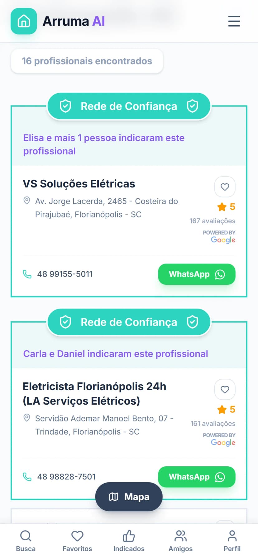 Lista de resultados mostrando quais amigos indicaram o profissional